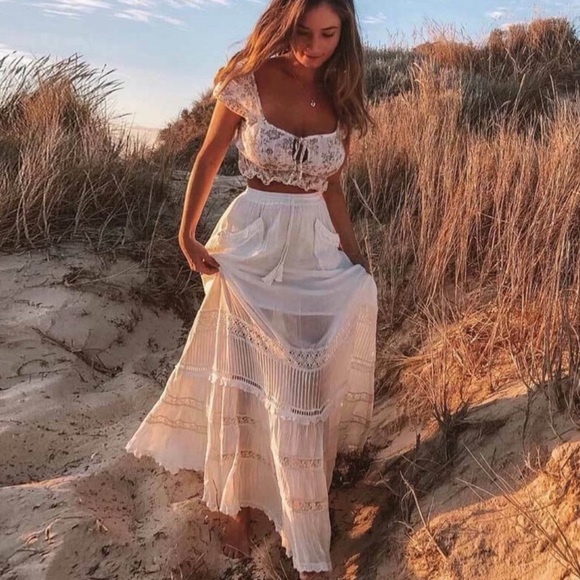 Boho White Tassel Tie Clouded Dream Cotton Maxi Skirt With Lace Embroidery - Picture 4 of 12